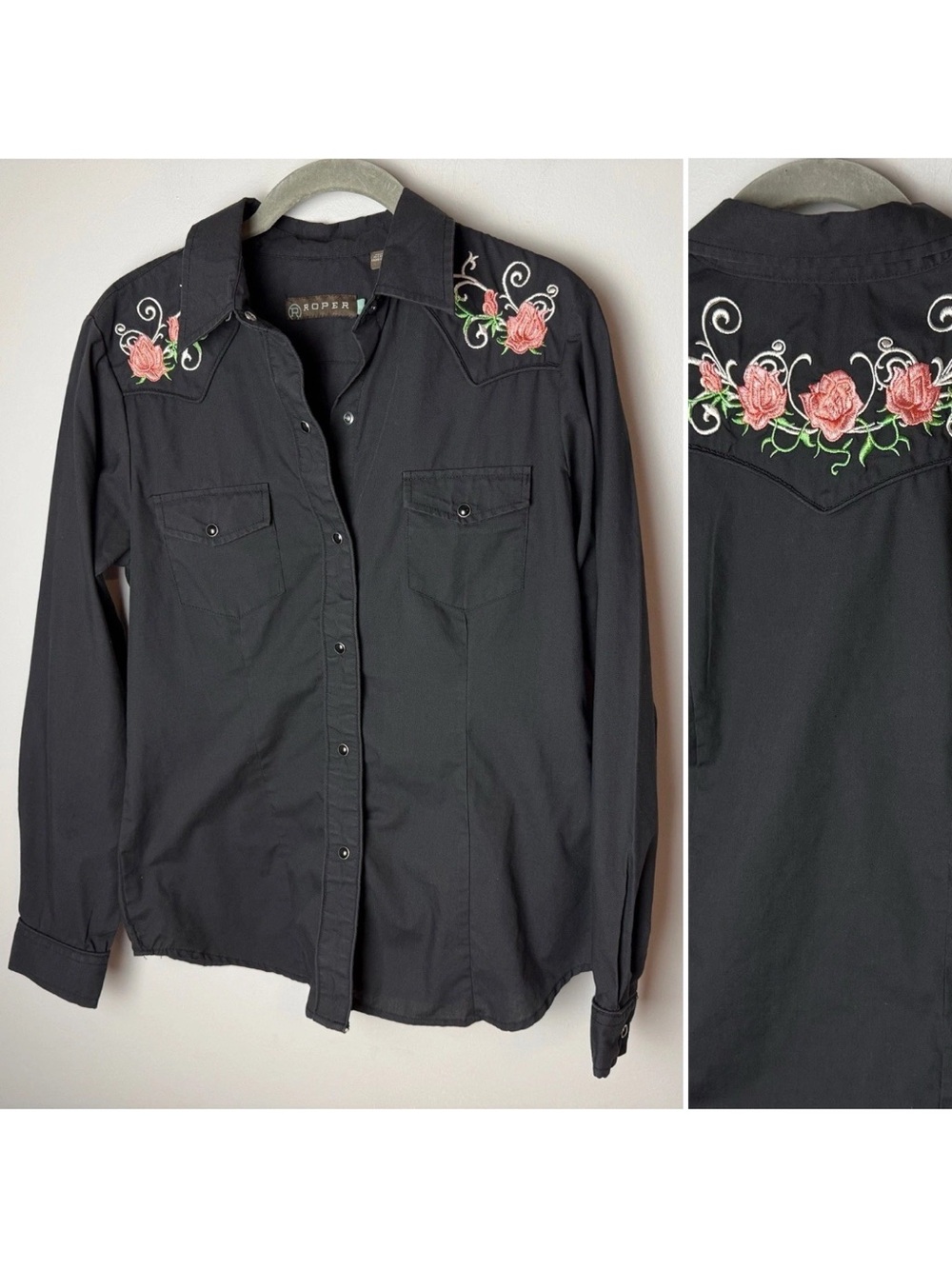 Roper Black Shirt Size Small Top Western Floral Embroidered Pearl Snap Cowgirl